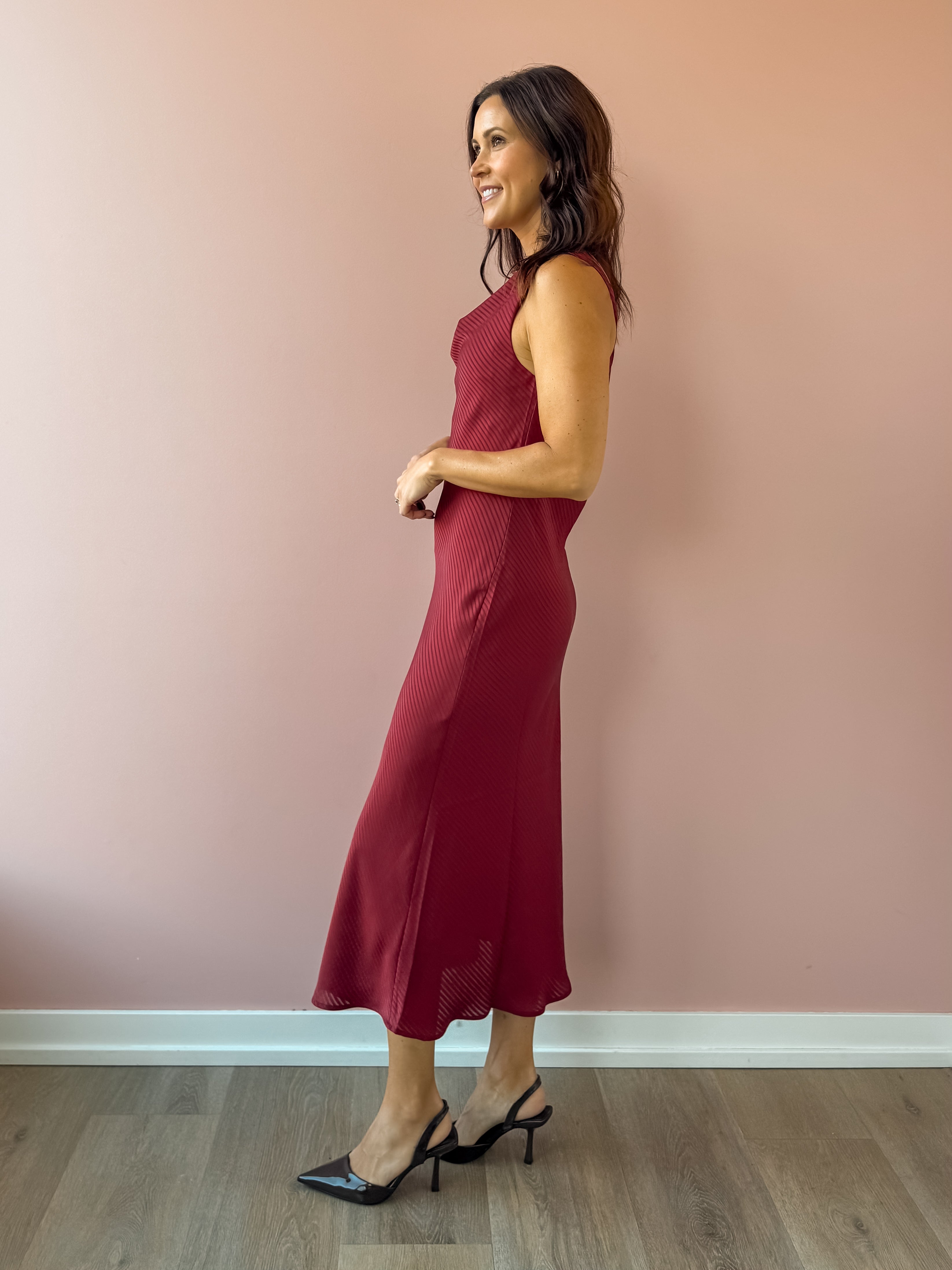 Sadie & Sage Inner Circle Cowl Neck Midi Dress in red, side view.