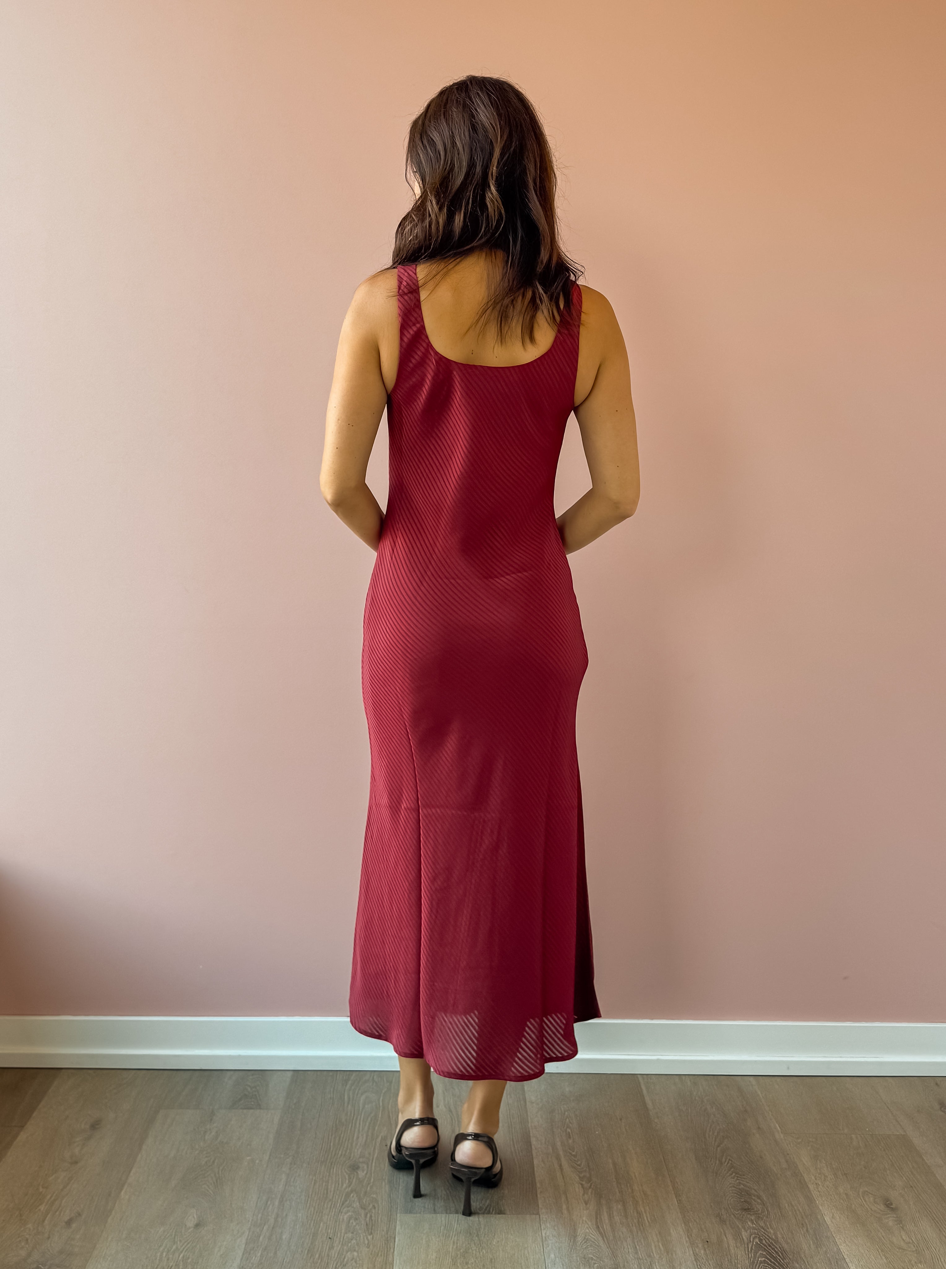 Sadie & Sage Inner Circle Cowl Neck Midi Dress in red, back view.
