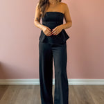 Sadie & Sage Gilded Evening Pinstripe Pants in black with silver pinstripes, full-length front view.