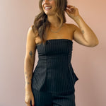 Sadie & Sage Gilded Evening Pinstripe Tube Top in black with silver pinstripes, front close-up.