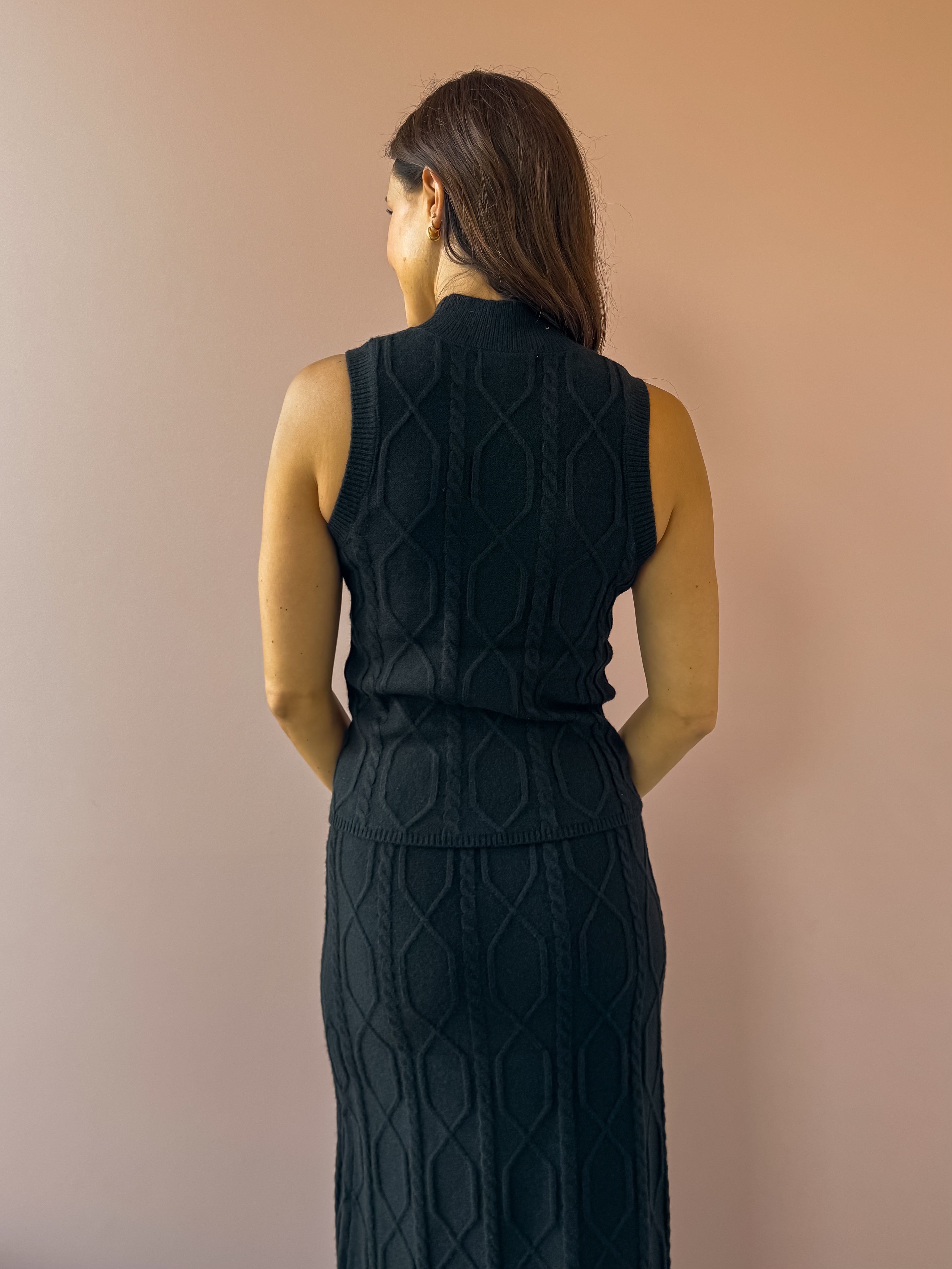 Sage The Label Tabitha Sweater Tank in black, back close-up.