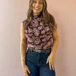 THML Amy Sleeveless Floral Print Top in burgundy, front close-up.