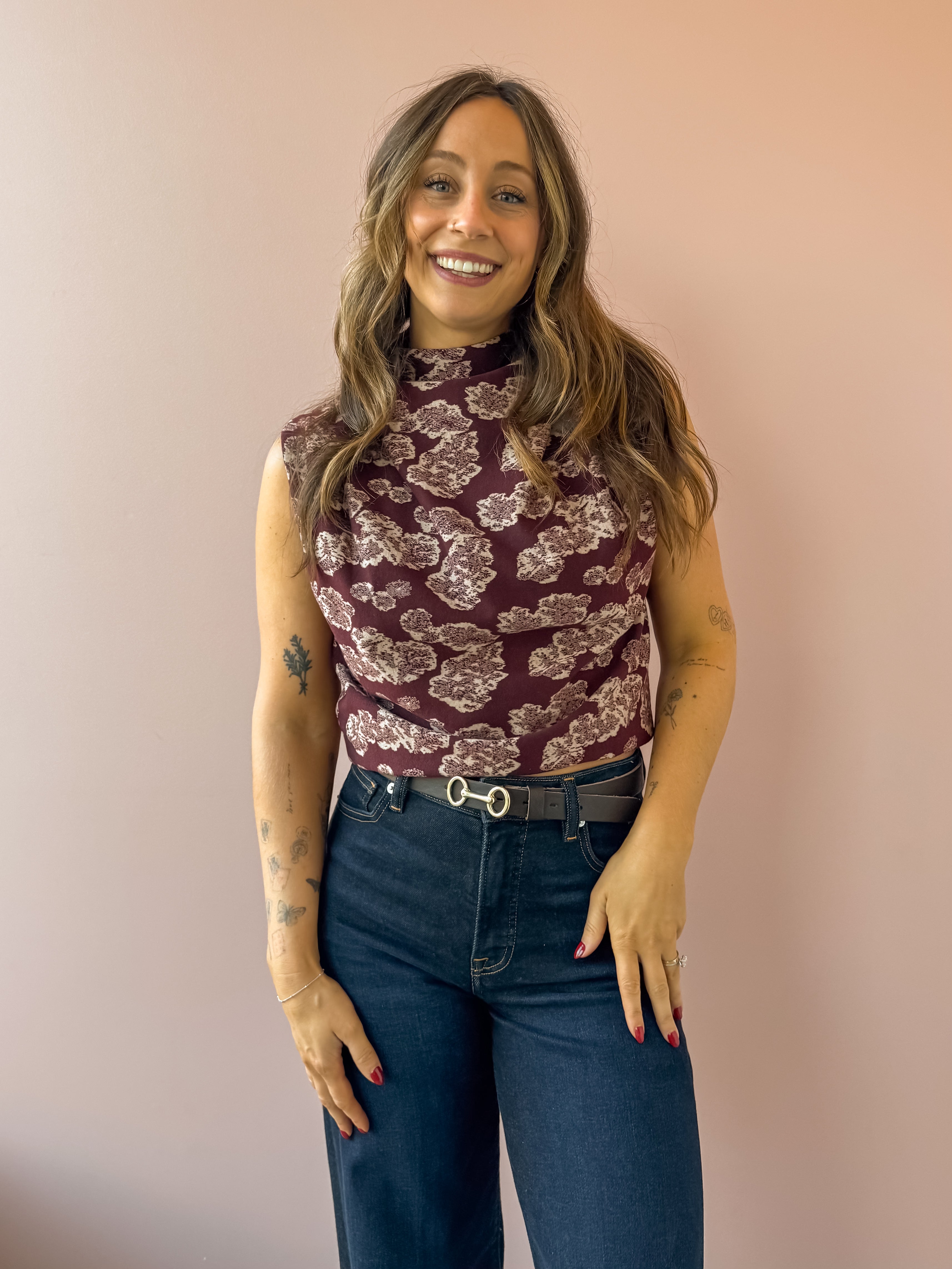 THML Amy Sleeveless Floral Print Top in burgundy, front close-up.