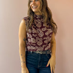 THML Amy Sleeveless Floral Print Top in burgundy, front close-up.