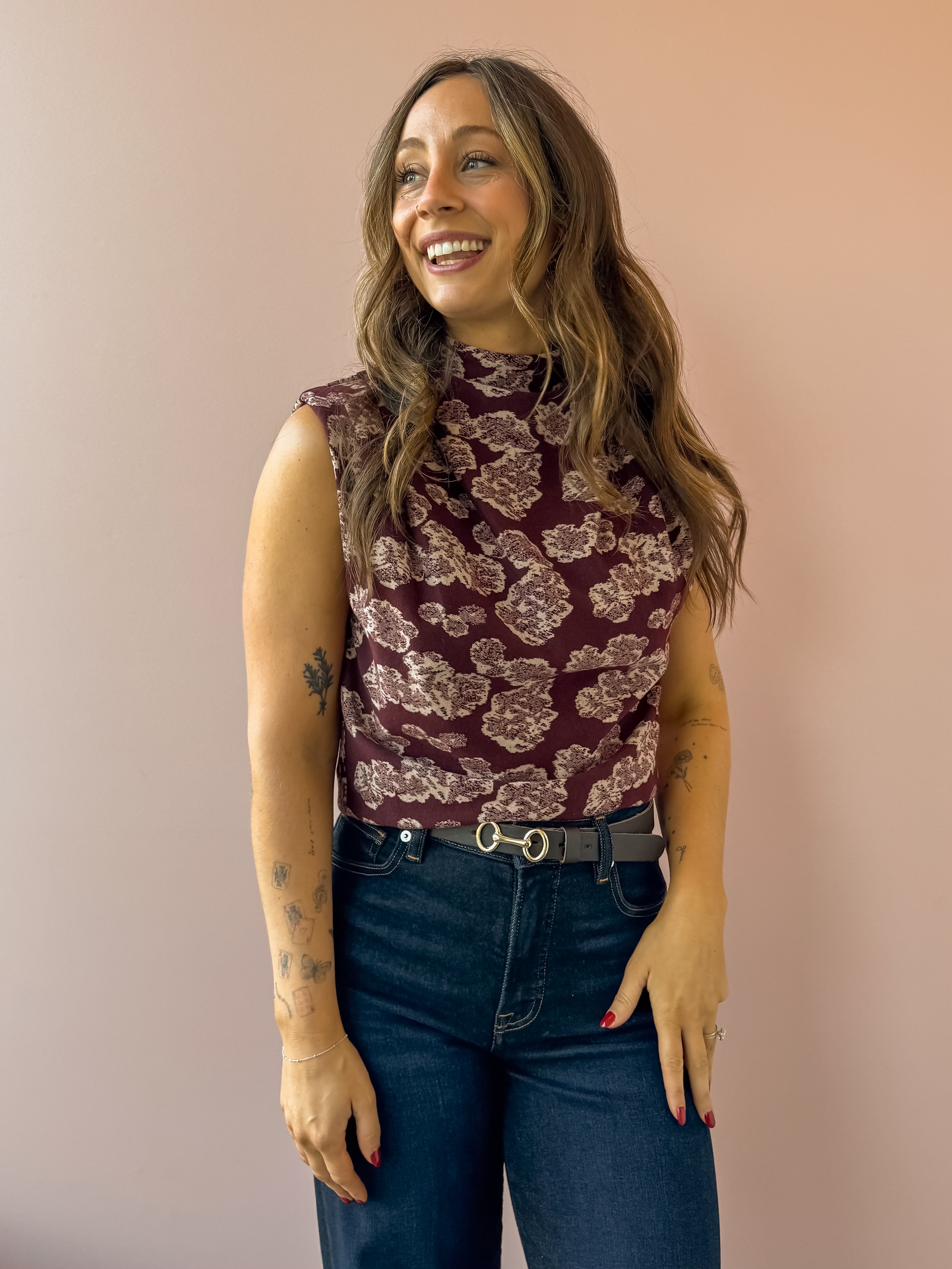 THML Amy Sleeveless Floral Print Top in burgundy, front close-up.