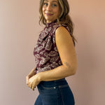 THML Amy Sleeveless Floral Print Top in burgundy, side close-up.