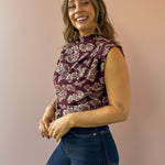 THML Amy Sleeveless Floral Print Top in burgundy, side close-up.