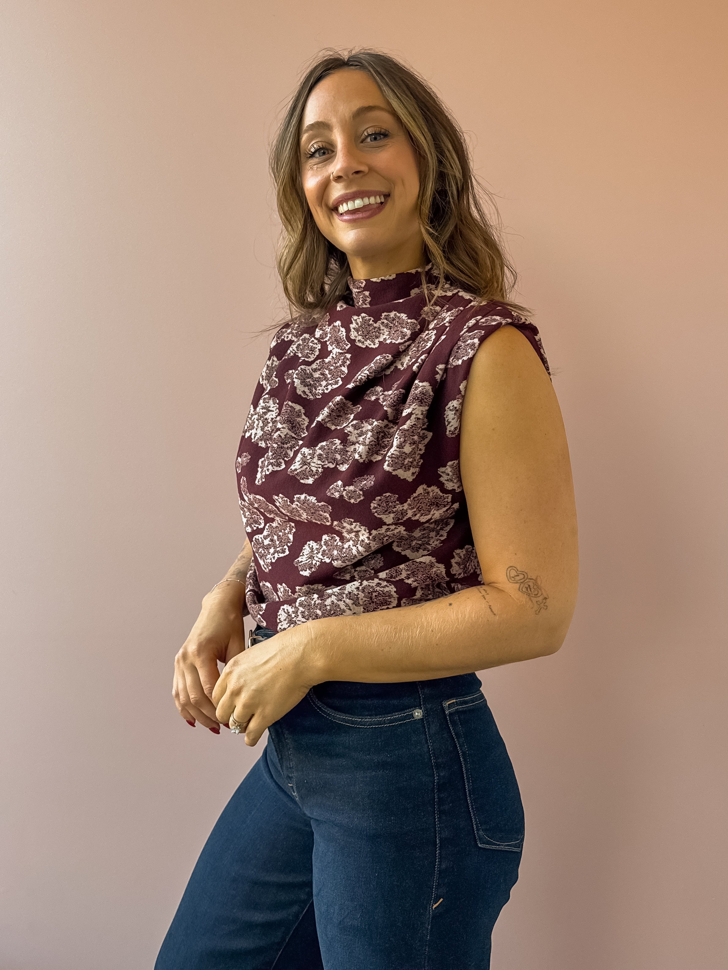 THML Amy Sleeveless Floral Print Top in burgundy, side close-up.