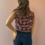 THML Amy Sleeveless Floral Print Top in burgundy, back close-up.