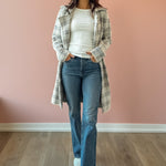 Sage The Label Marlo Plaid Coat in ivory and grey plaid, full-length front view.