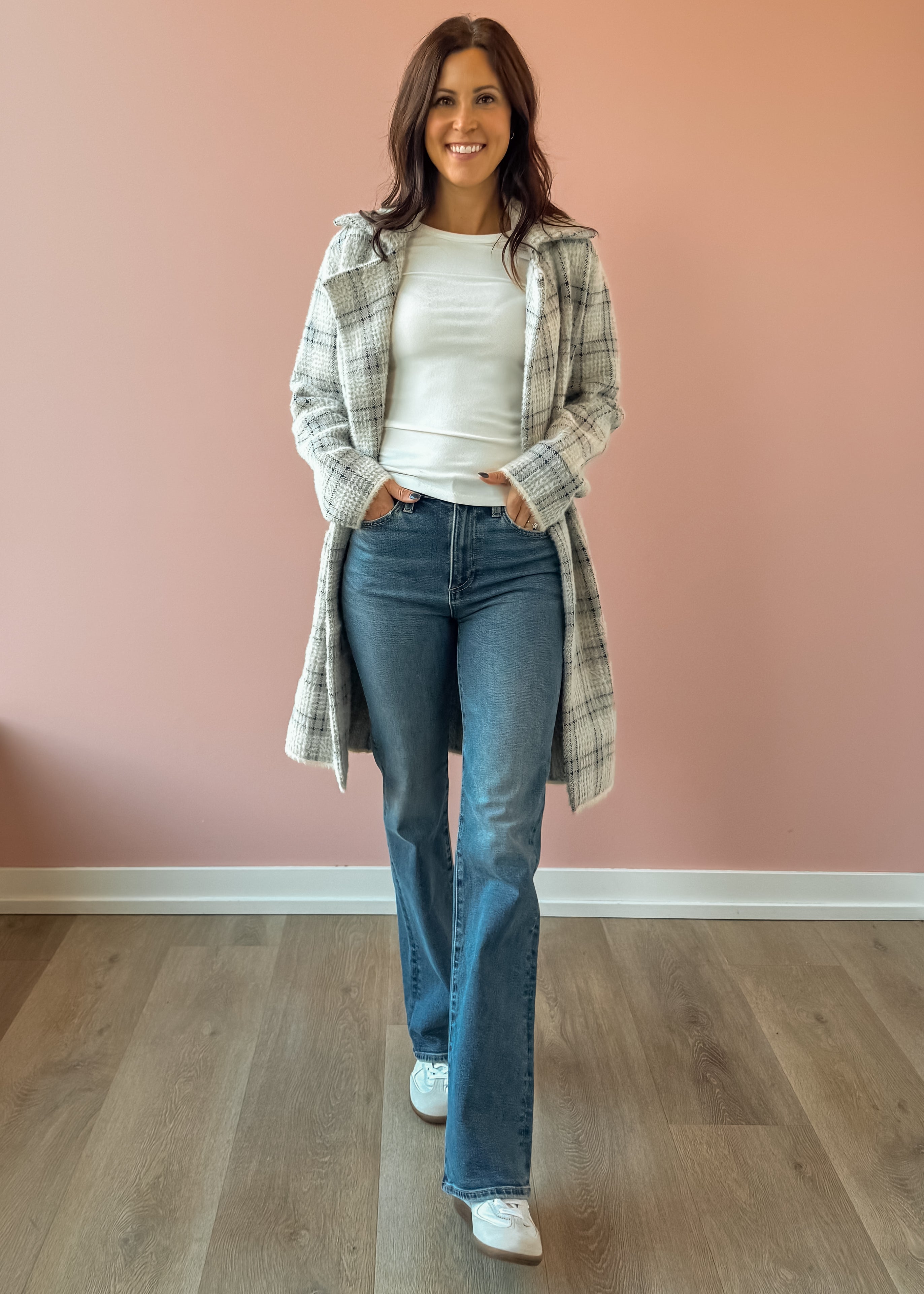 Sage The Label Marlo Plaid Coat in ivory and grey plaid, full-length front view.