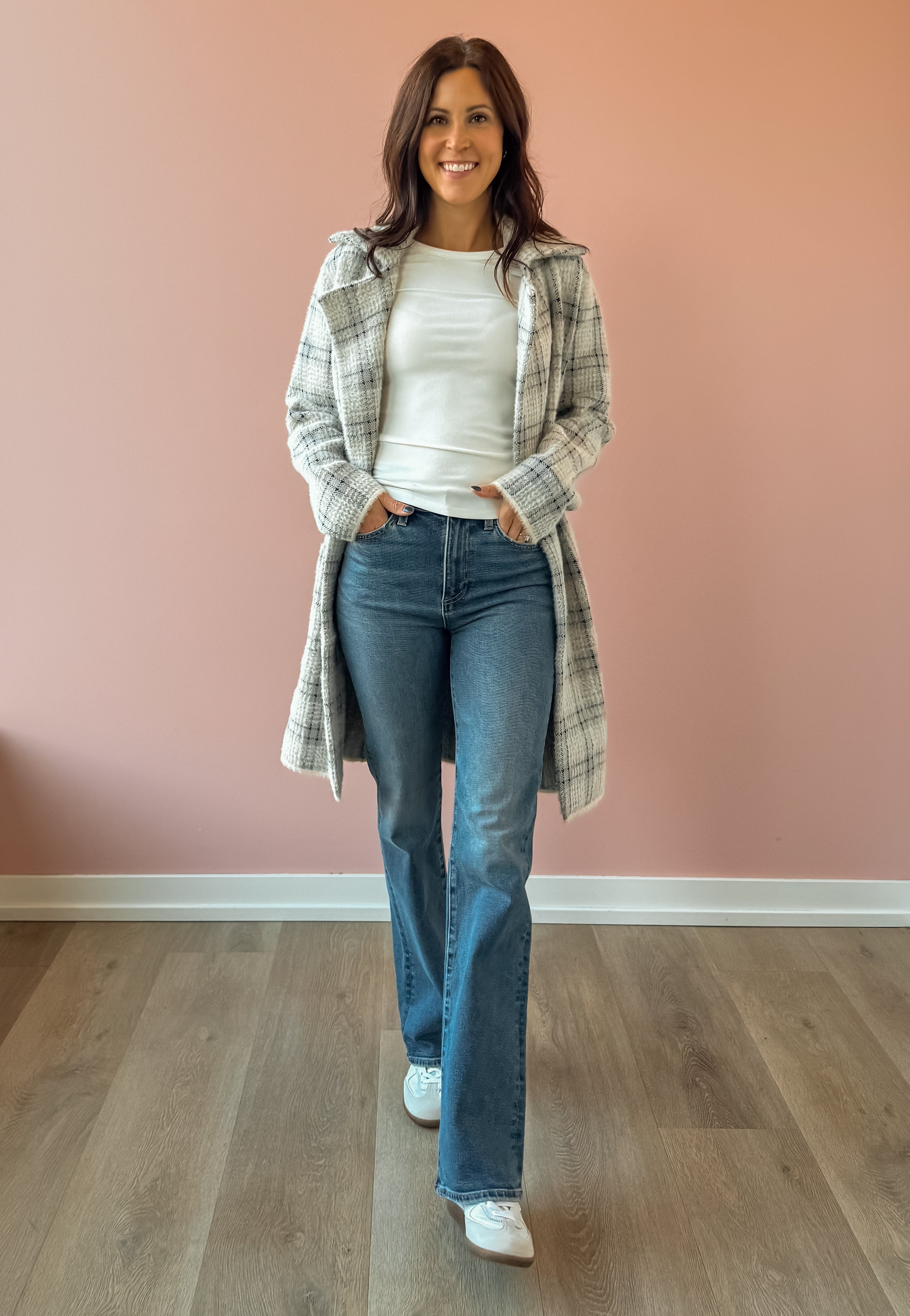 Sage The Label Marlo Plaid Coat in ivory and grey plaid, full-length front view.