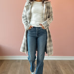 Sage The Label Marlo Plaid Coat in ivory and grey plaid, full-length front view.