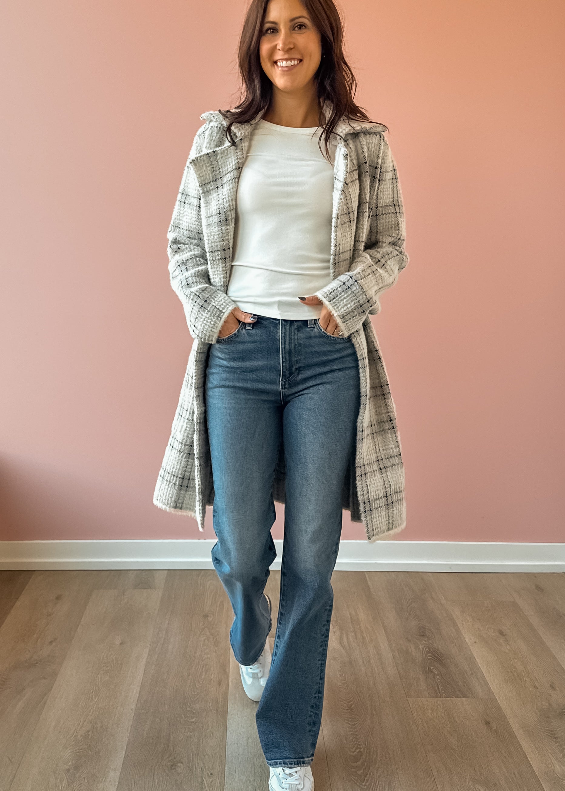 Sage The Label Marlo Plaid Coat in ivory and grey plaid, full-length front view.