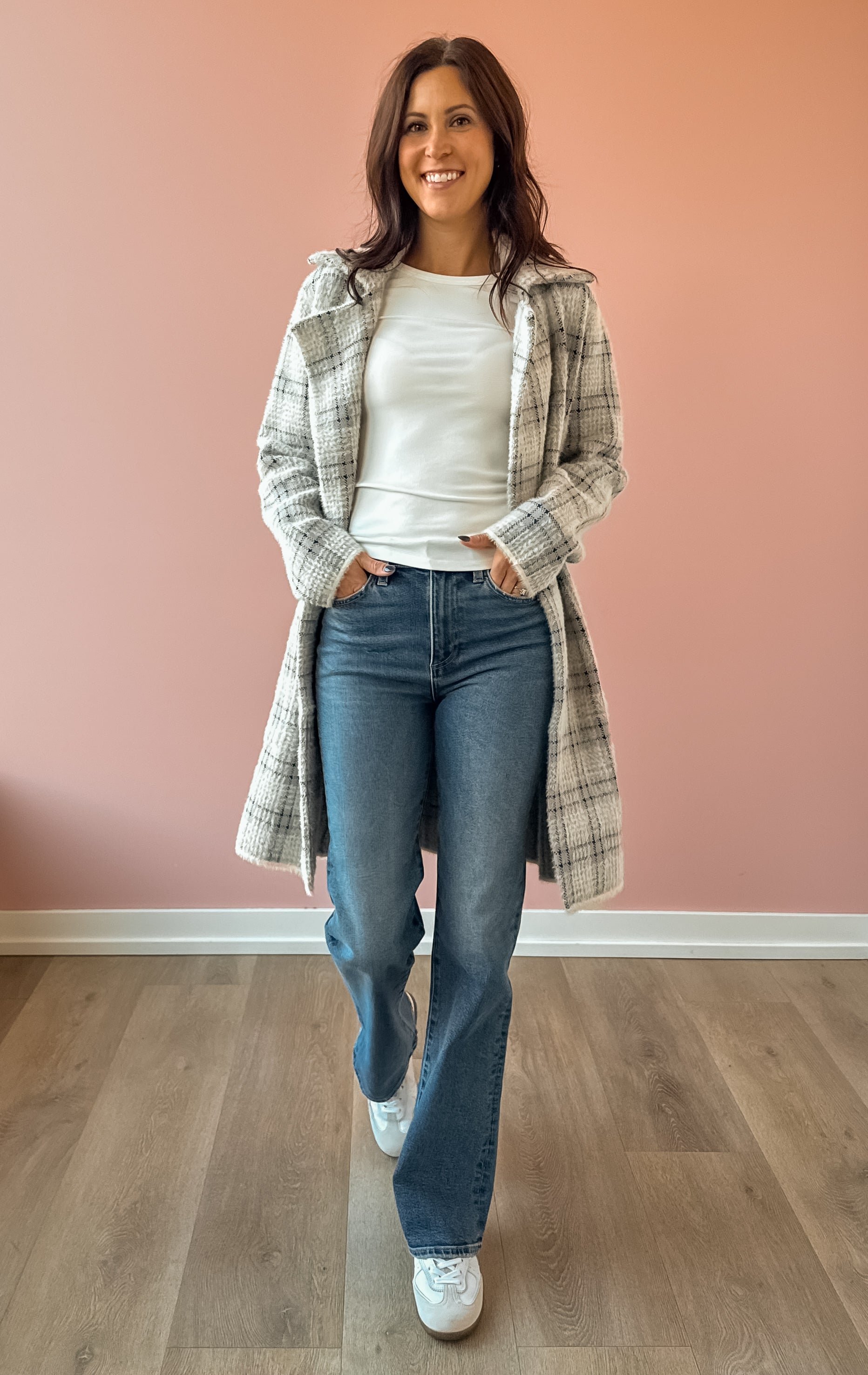 Sage The Label Marlo Plaid Coat in ivory and grey plaid, full-length front view.