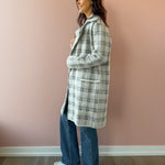 Sage The Label Marlo Plaid Coat in ivory and grey plaid, side view.