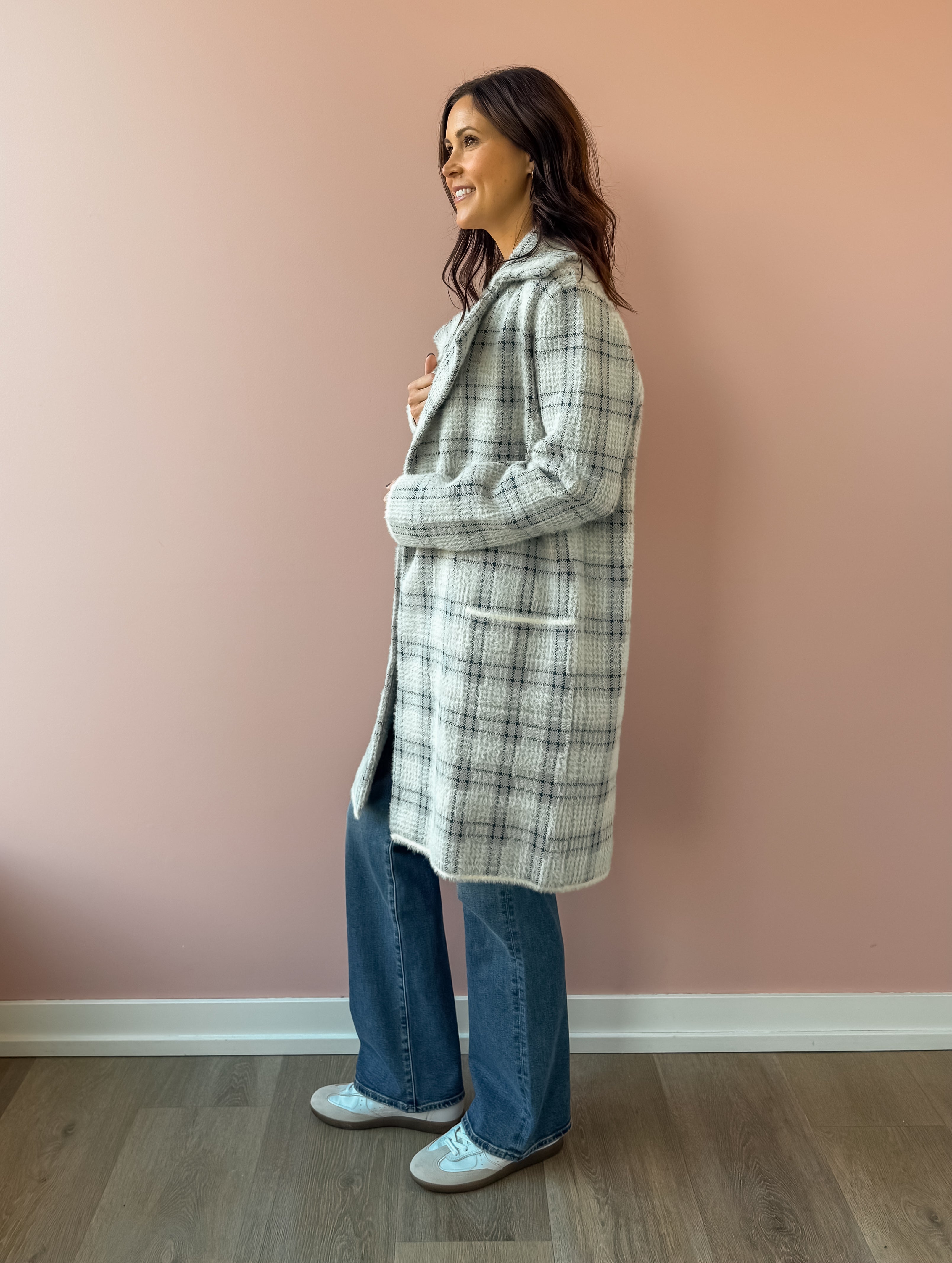 Sage The Label Marlo Plaid Coat in ivory and grey plaid, side view.