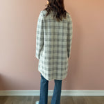 Sage The Label Marlo Plaid Coat in ivory and grey plaid, back view.
