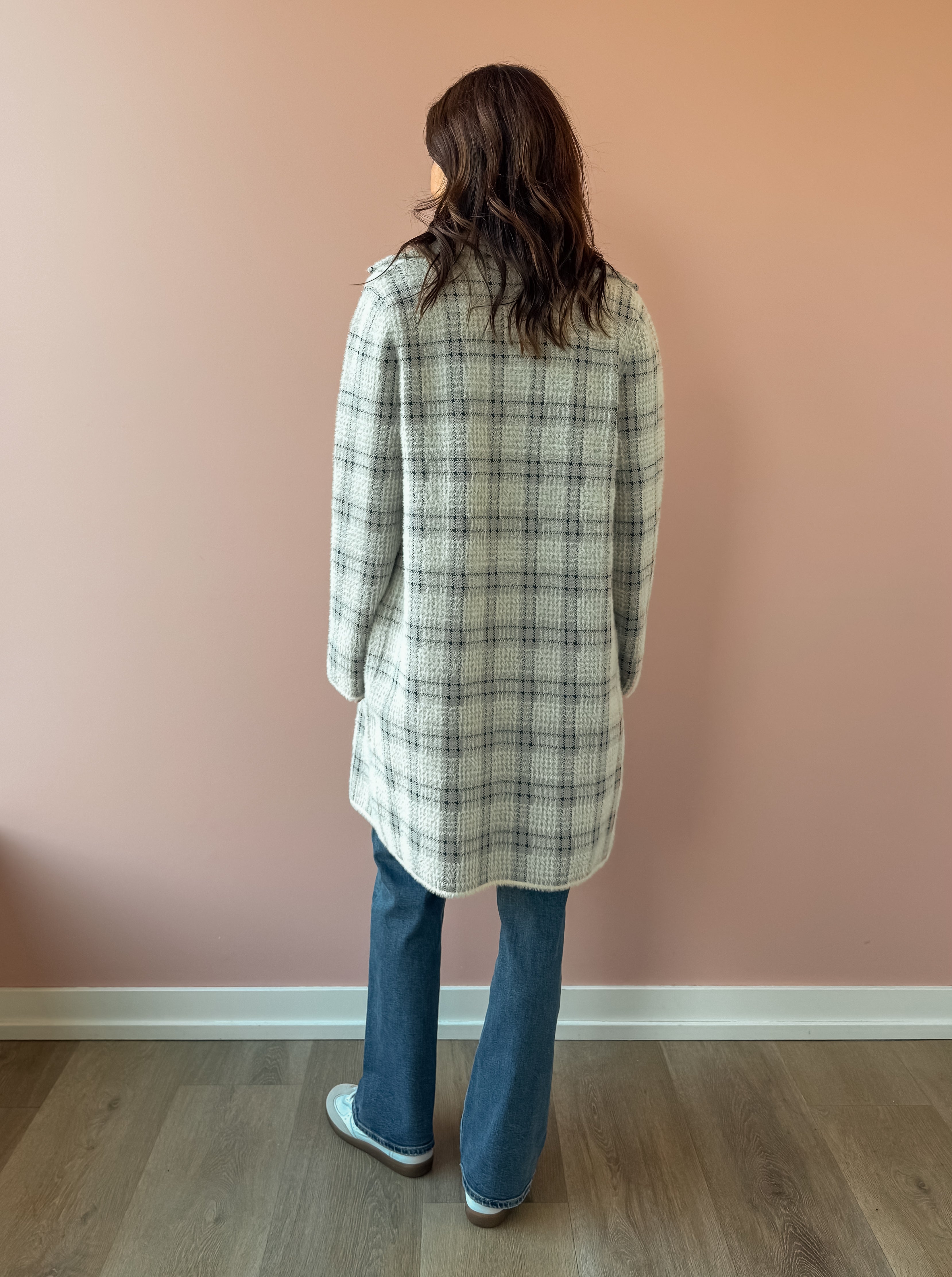 Sage The Label Marlo Plaid Coat in ivory and grey plaid, back view.