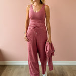 Varley Ruby Cropped Tank and Motion Easy Jogger 30 in pink, front view.