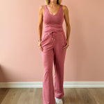 Varley Ruby Cropped Tank and Motion Easy Jogger 30 in pink, front view.