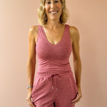 Varley Ruby Cropped Tank and Motion Easy Jogger 30 in pink, front close-up.