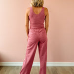 Varley Ruby Cropped Tank and Motion Easy Jogger 30 in pink, back view.