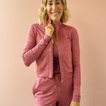 Varley Rufus Zip Through and Motion Easy Jogger 30 in pink, front close-up.