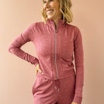 Varley Rufus Zip Through and Motion Easy Jogger 30 in pink, front close-up.