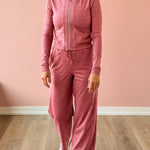 Varley Rufus Zip Through and Motion Easy Jogger 30 in pink, front view.