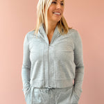 Varley Rufus Cropped Zip Through and Motion Easy Jogger 30 in grey, front close-up.
