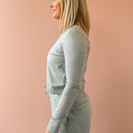 Varley Rufus Cropped Zip Through and Motion Easy Jogger 30 in grey, side close-up.