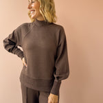 Varley Loxley Raglan Boyfriend Sweat and The Wide Leg Pant 30'' in brown, front close-up.