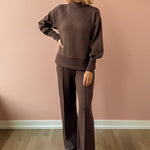 Varley Loxley Raglan Boyfriend Sweat and The Wide Leg Pant 30'' in brown, front view.