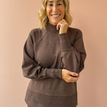 Varley Loxley Raglan Boyfriend Sweat and The Wide Leg Pant 30'' in brown, front close-up.