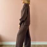 Varley Loxley Raglan Boyfriend Sweat and The Wide Leg Pant 30'' in brown, side view.