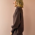Varley Loxley Raglan Boyfriend Sweat and The Wide Leg Pant 30'' in brown, side close-up.