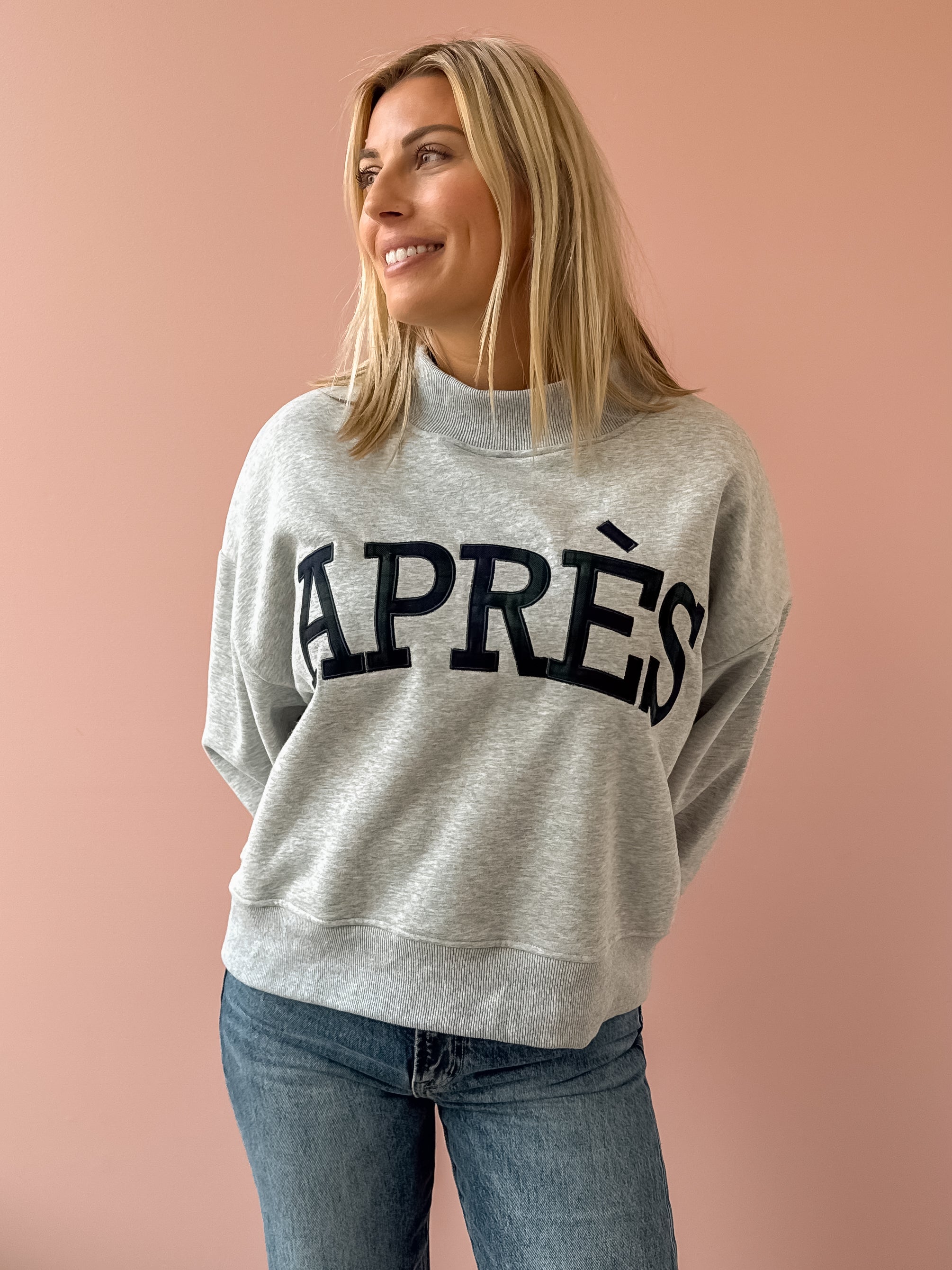 Glowie Apres Mock Neck Sweatshirt in grey, front close-up.
