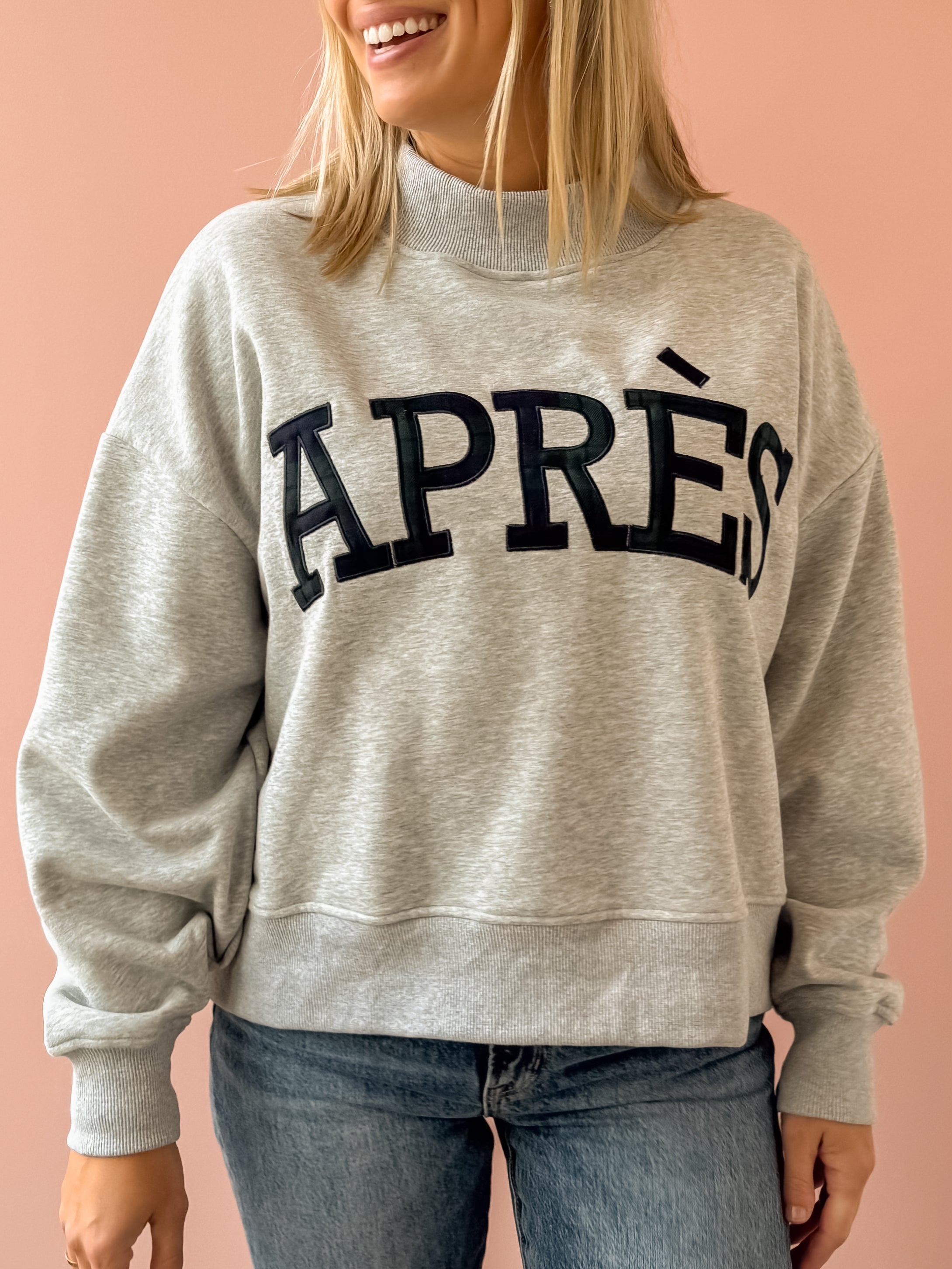 Glowie Apres Mock Neck Sweatshirt in grey, front close-up.