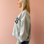 Glowie Apres Mock Neck Sweatshirt in grey, side close-up.