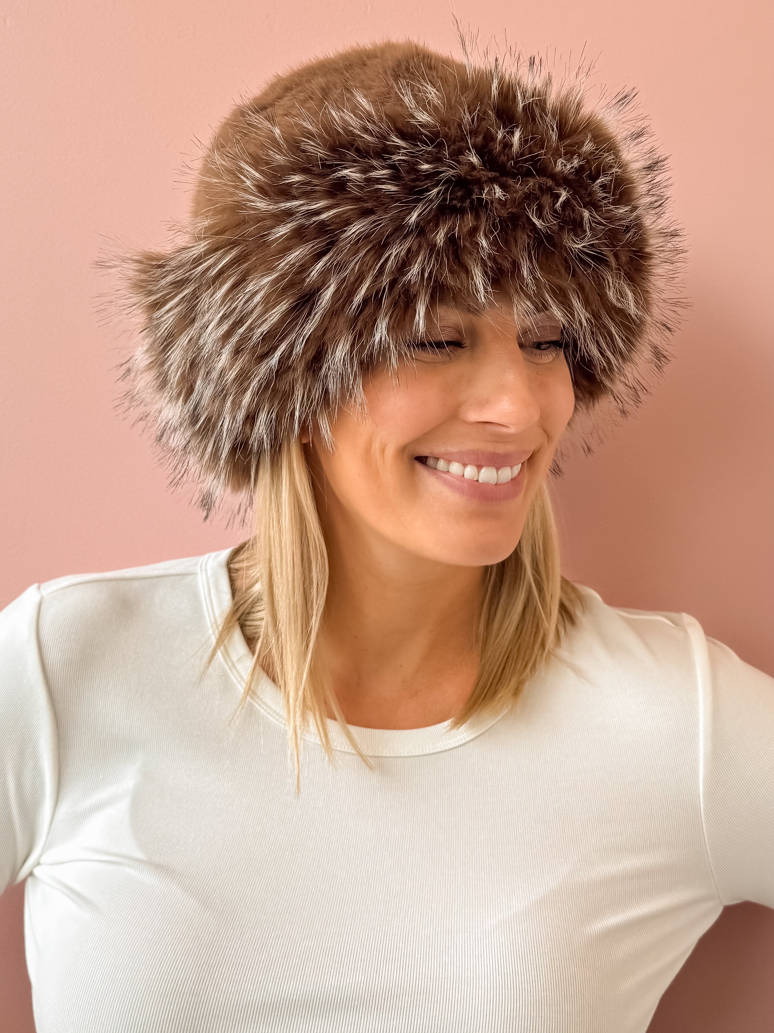 Common Knit Genevieve Brown Faux Fur Hat in brown, front view.
