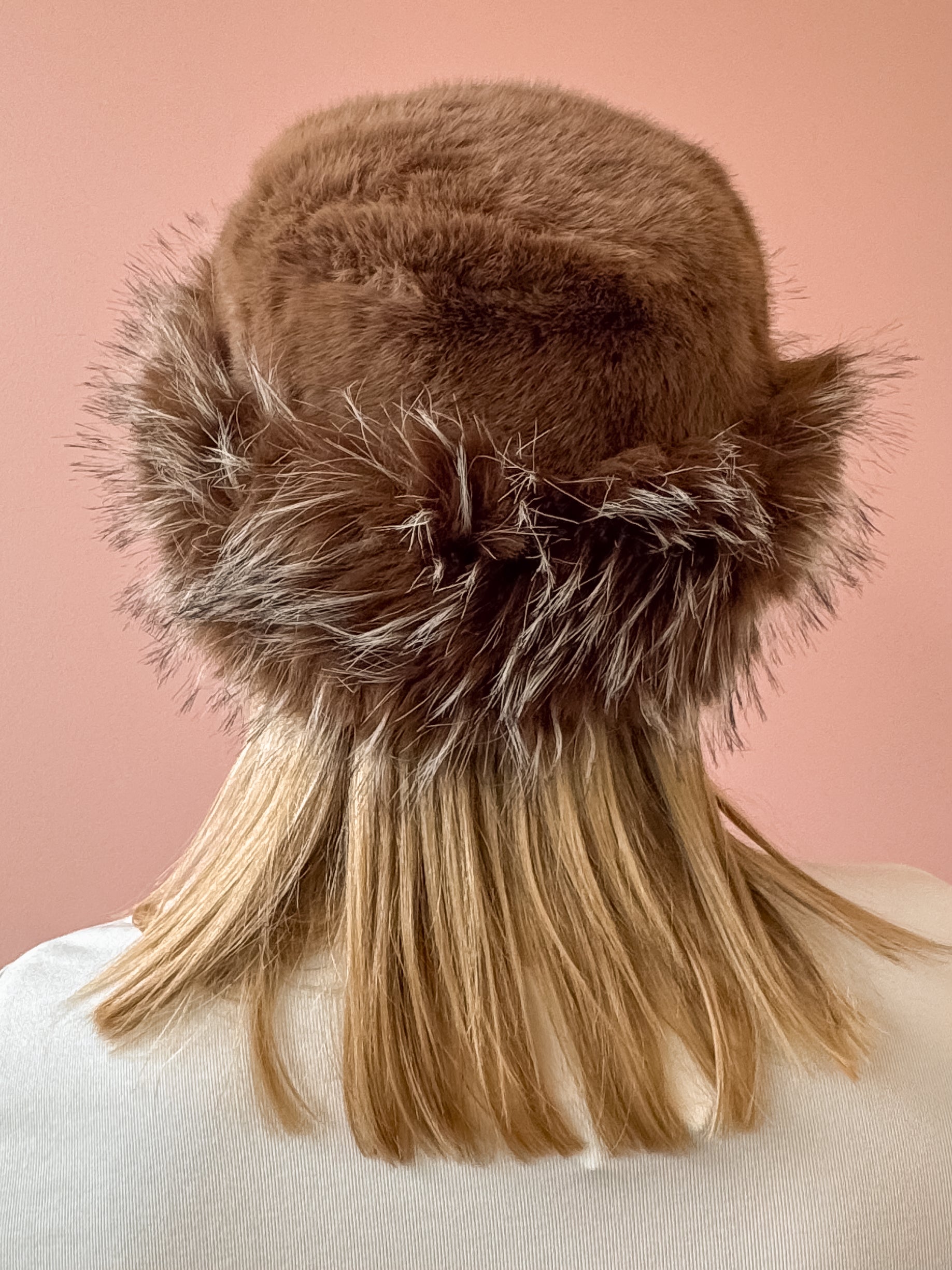 Common Knit Genevieve Brown Faux Fur Hat in brown, back view.