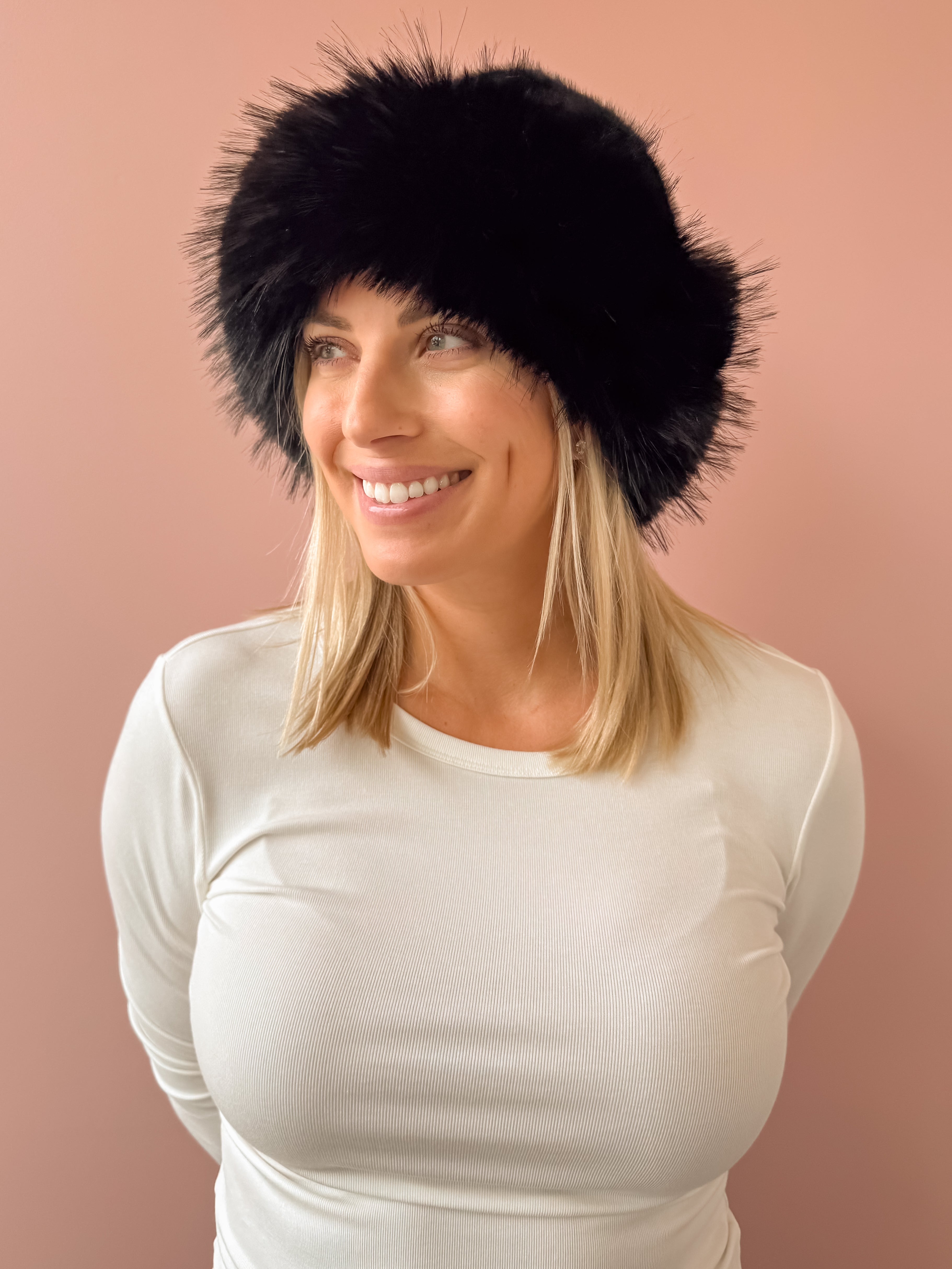 Common Knit Genevieve Black Faux Fur Hat in black, front view.