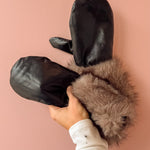 Common Knit Eloise Faux Fur Gloves in brown, close-up of the faux fur cuffs.
