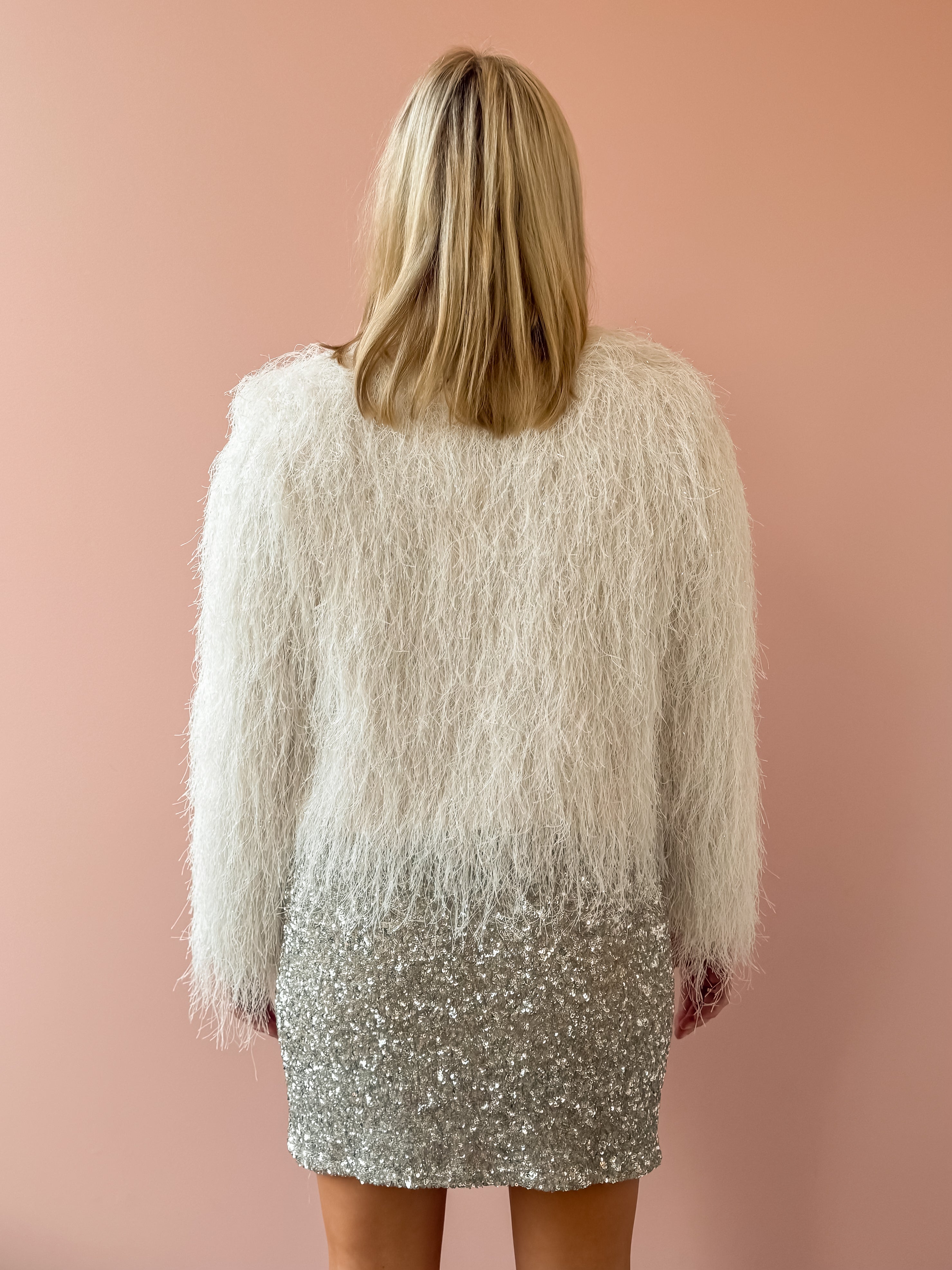 Sadie & Sage Angel Wings Fringe Jacket in ivory, back close-up.