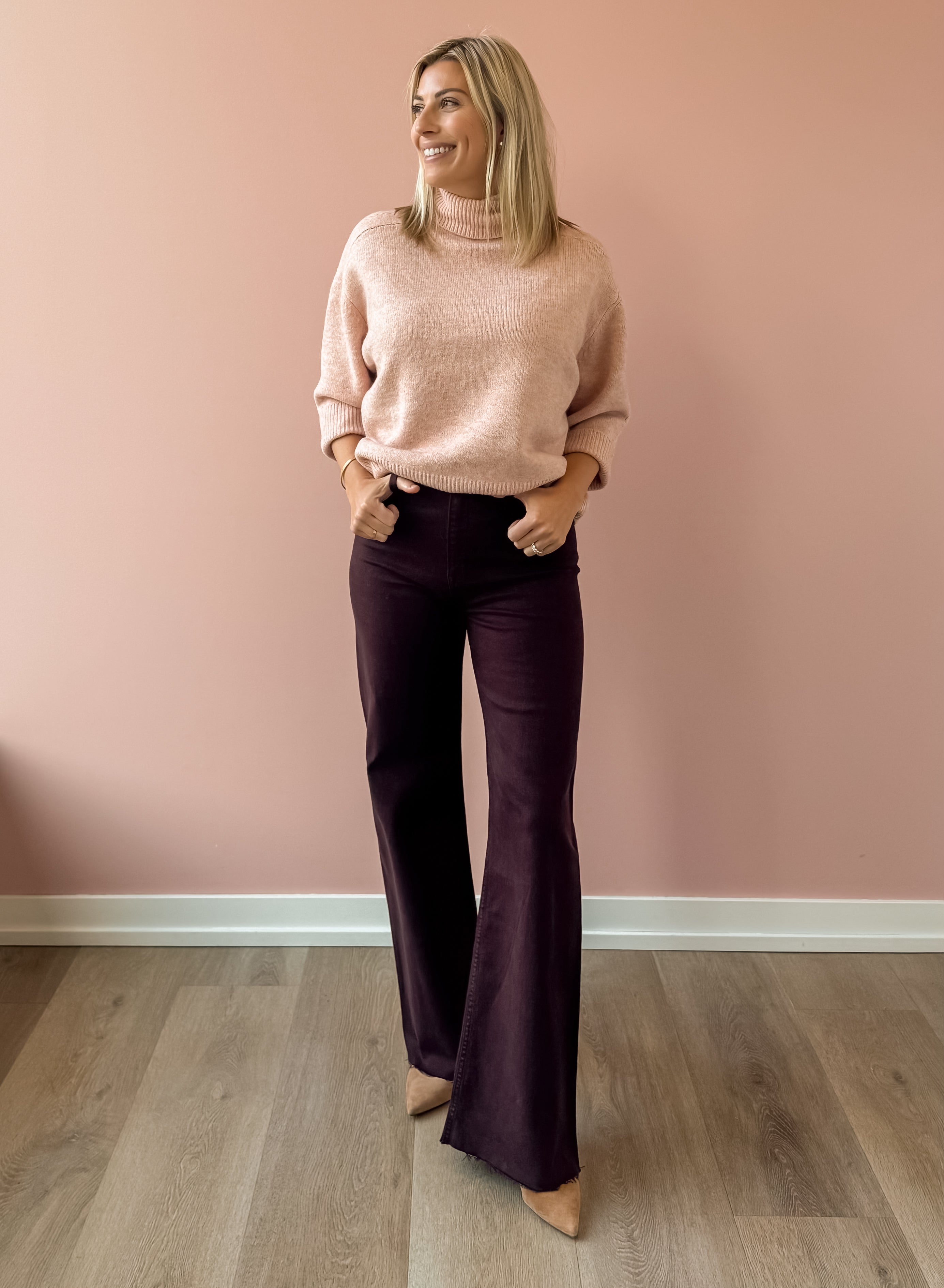 Pistola Penny High Rise Wide Leg Jean in claret, front view.