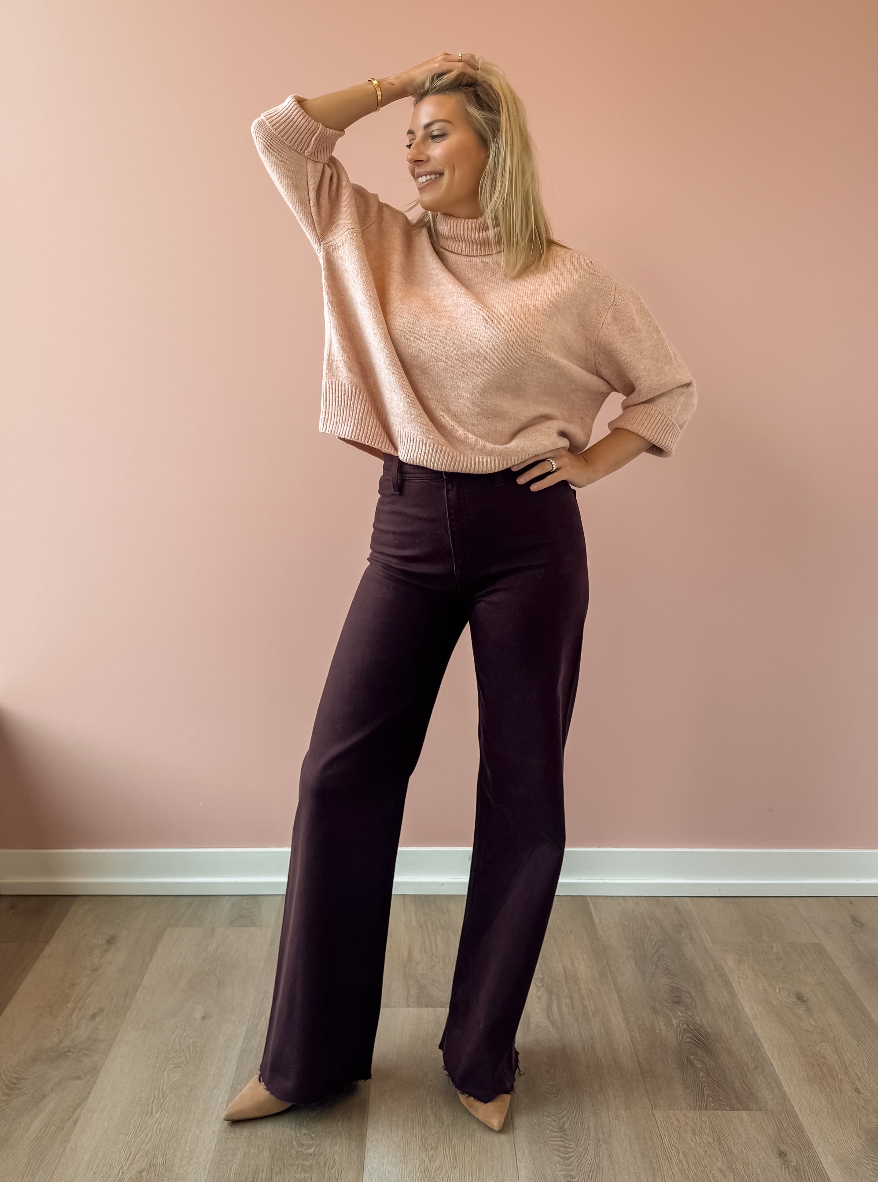 Pistola Penny High Rise Wide Leg Jean in claret, front view.