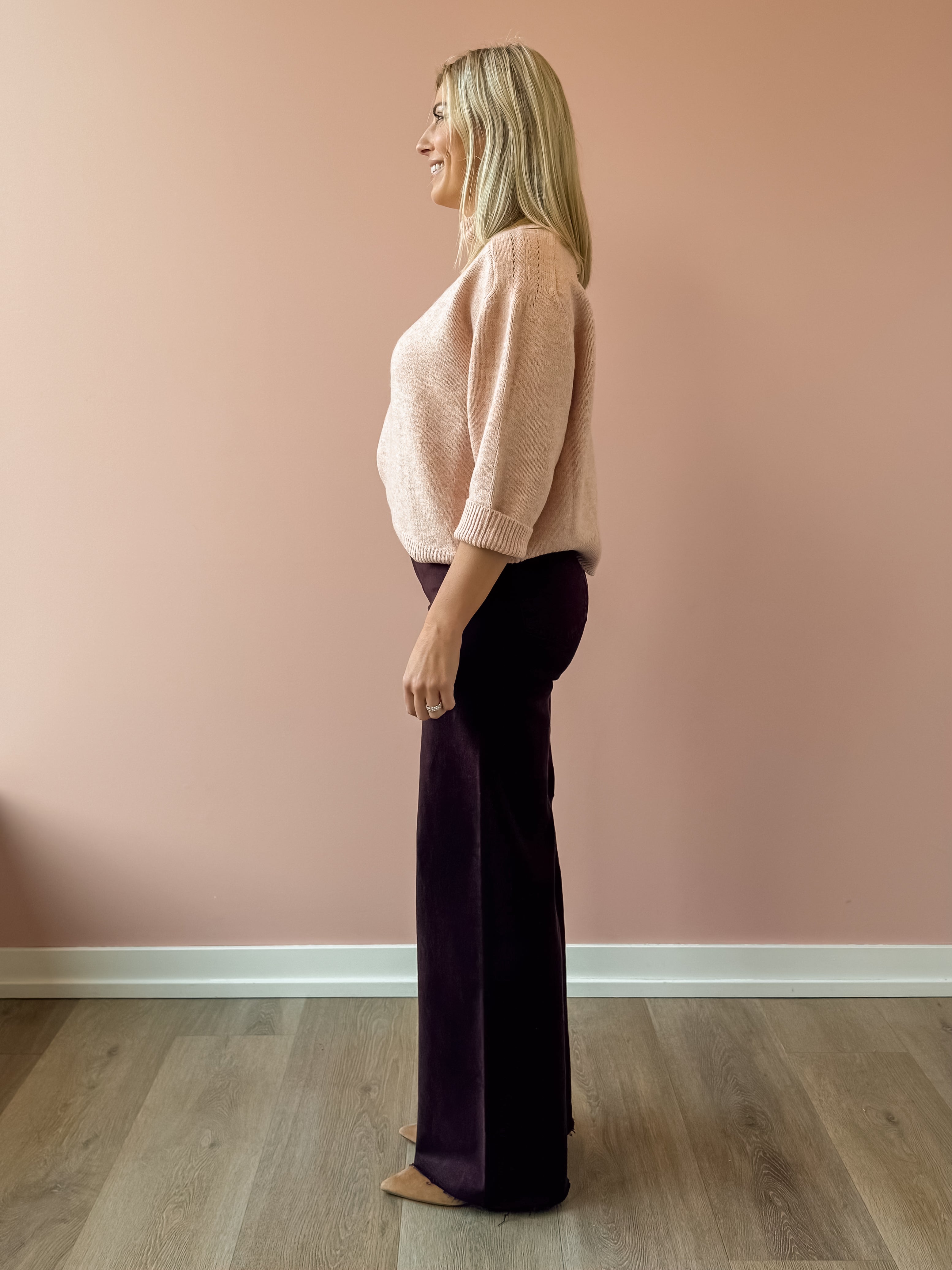 Pistola Penny High Rise Wide Leg Jean in claret, side view.