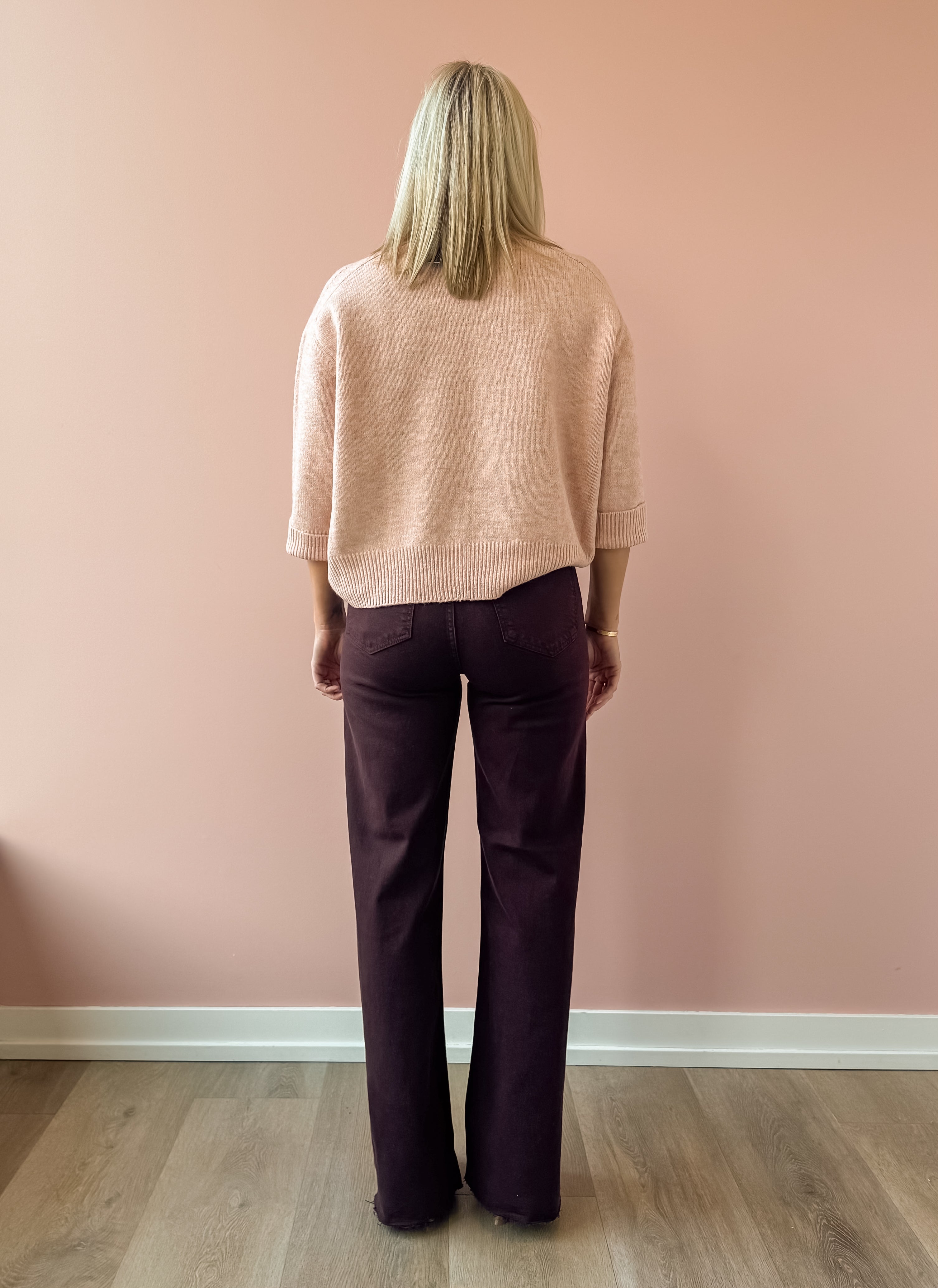 Pistola Penny High Rise Wide Leg Jean in claret, back view.