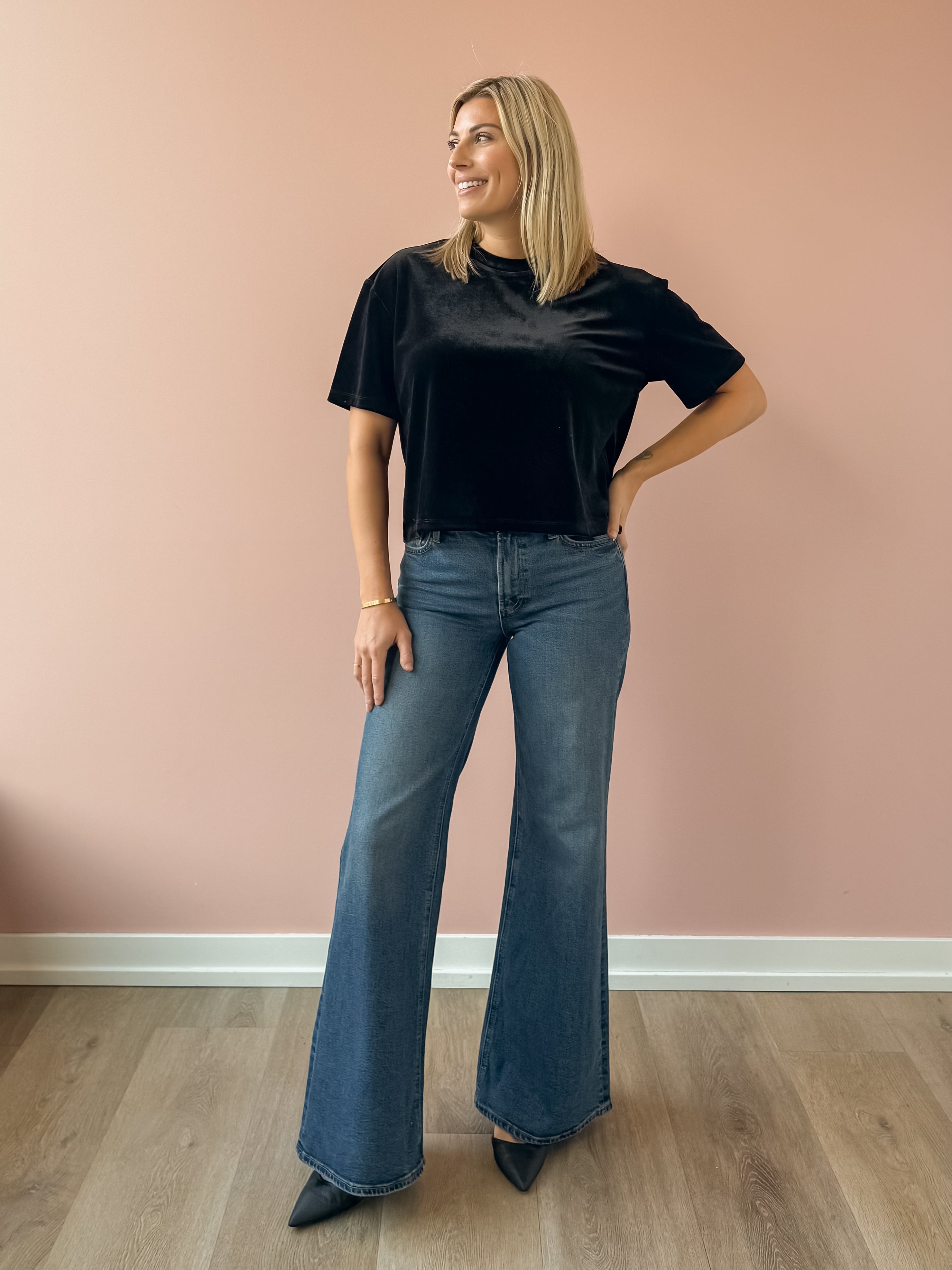 Dear John Maddox Short Sleeve Top in black, front view.